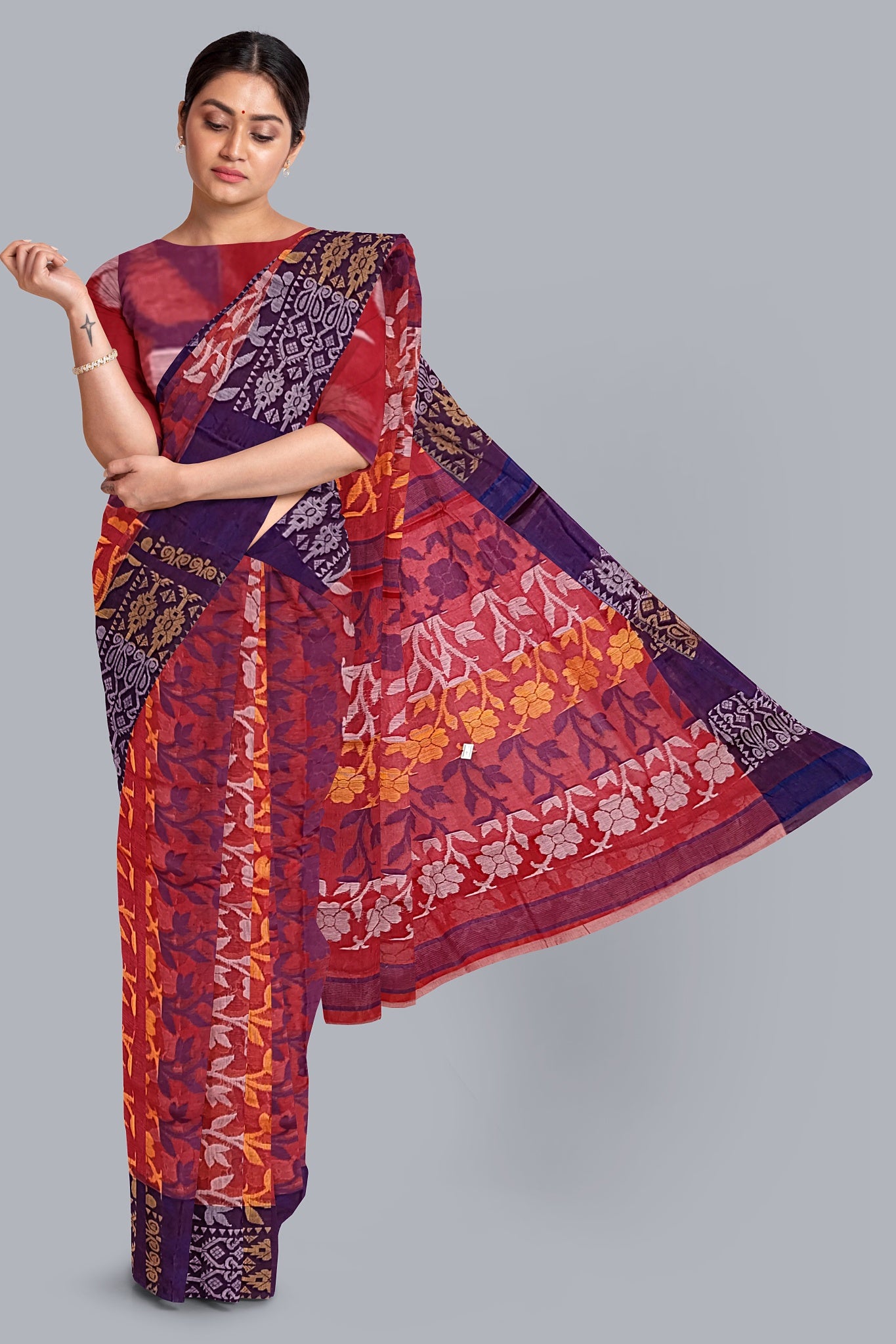 Elegant Strawberry Tant Jamdani Saree with Floral Accents