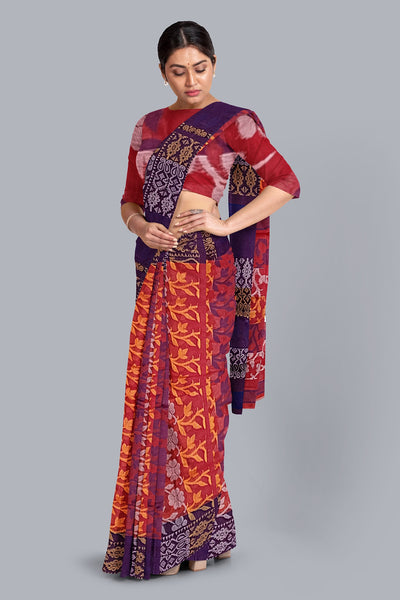 Elegant Strawberry Tant Jamdani Saree with Floral Accents