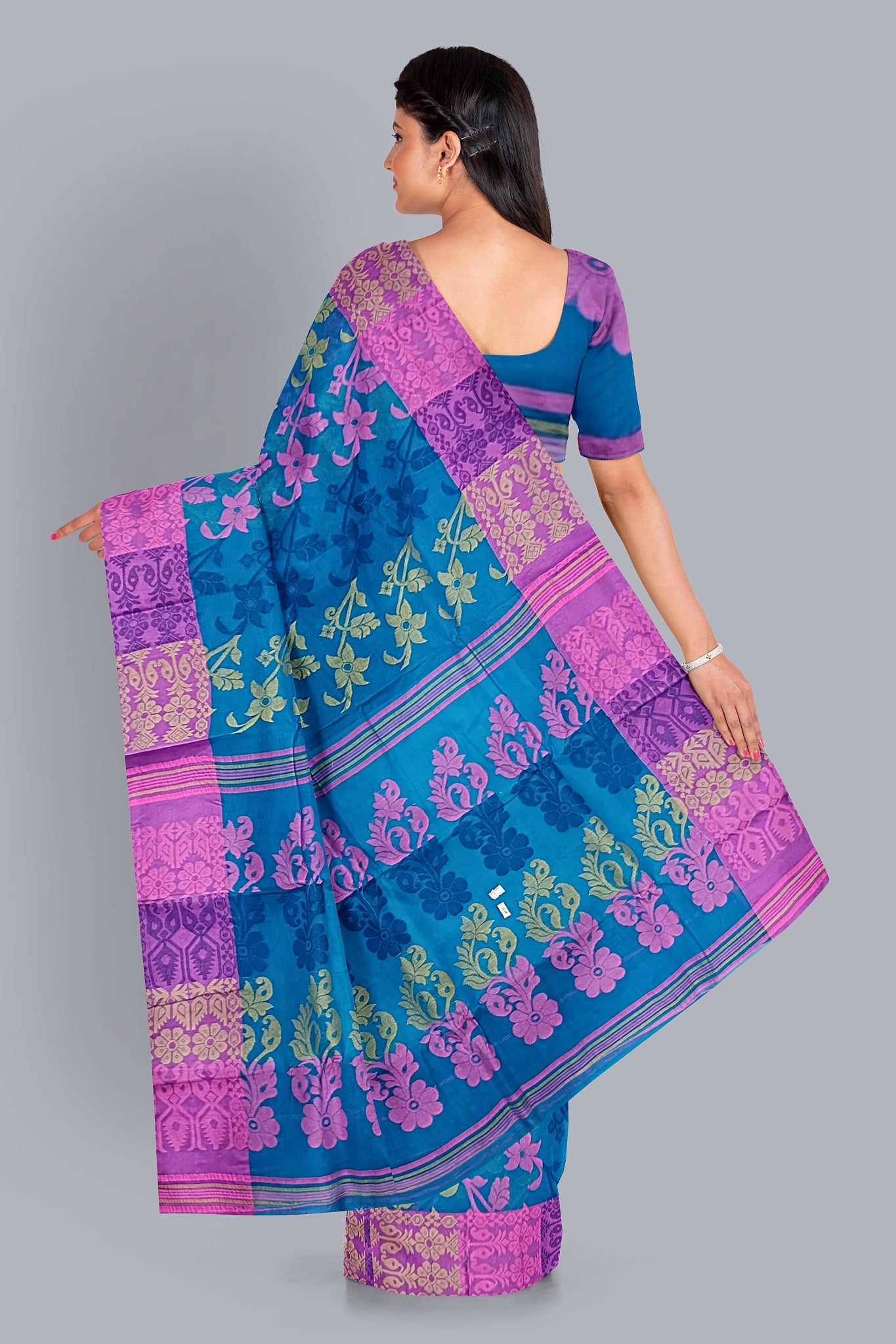 Exquisite Firoza Tant Jamdani Saree with Multicolored Floral Embellishment.DN NO-1089