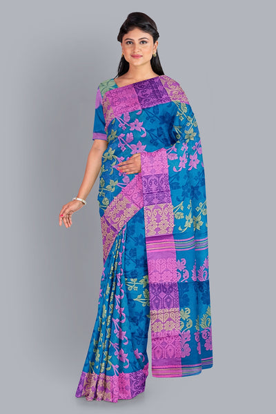 Exquisite Firoza Tant Jamdani Saree with Multicolored Floral Embellishment