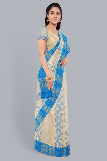 Elegant Cream Tant Jamdani Saree with Sky Blue and Biscuit Accents.DN NO-1086