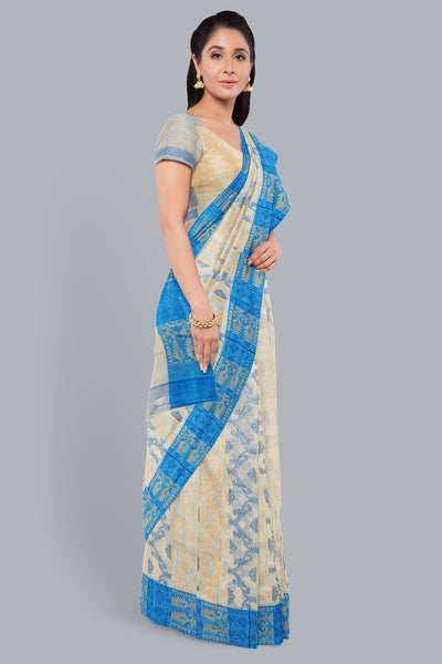 Elegant Cream Tant Jamdani Saree with Sky Blue and Biscuit Accents