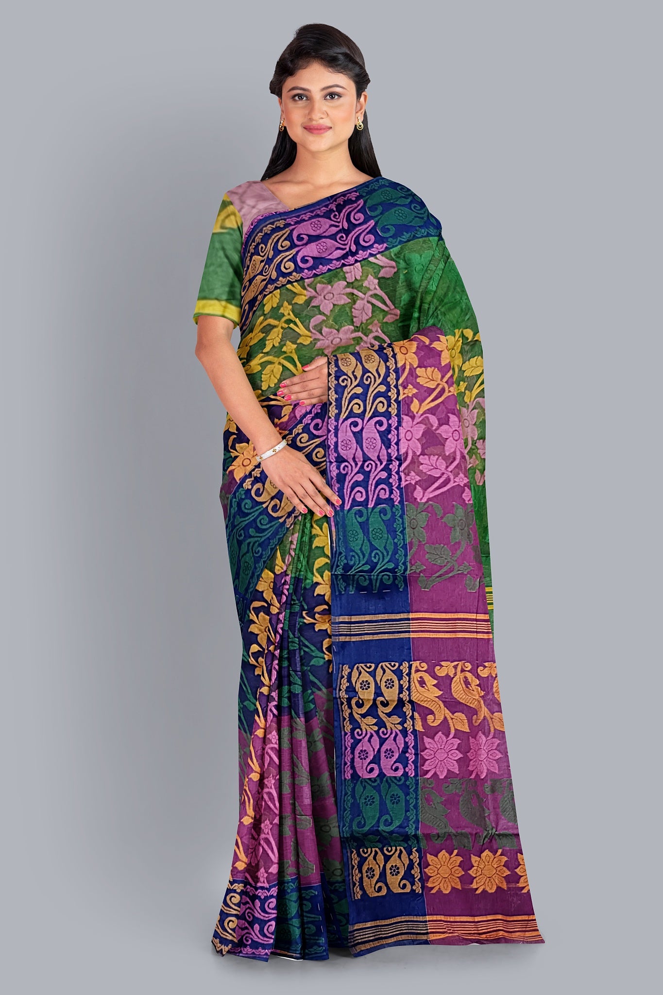 Multicolored 3D Tant Jamdani Saree with Vibrant Floral Accents