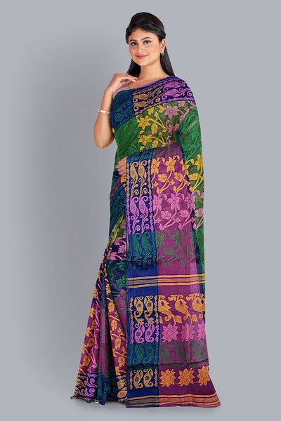 Multicolored 3D Tant Jamdani Saree with Vibrant Floral Accents