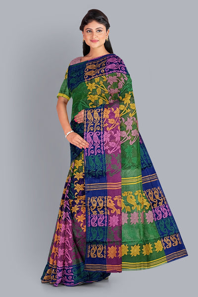 Multicolored 3D Tant Jamdani Saree with Vibrant Floral Accents