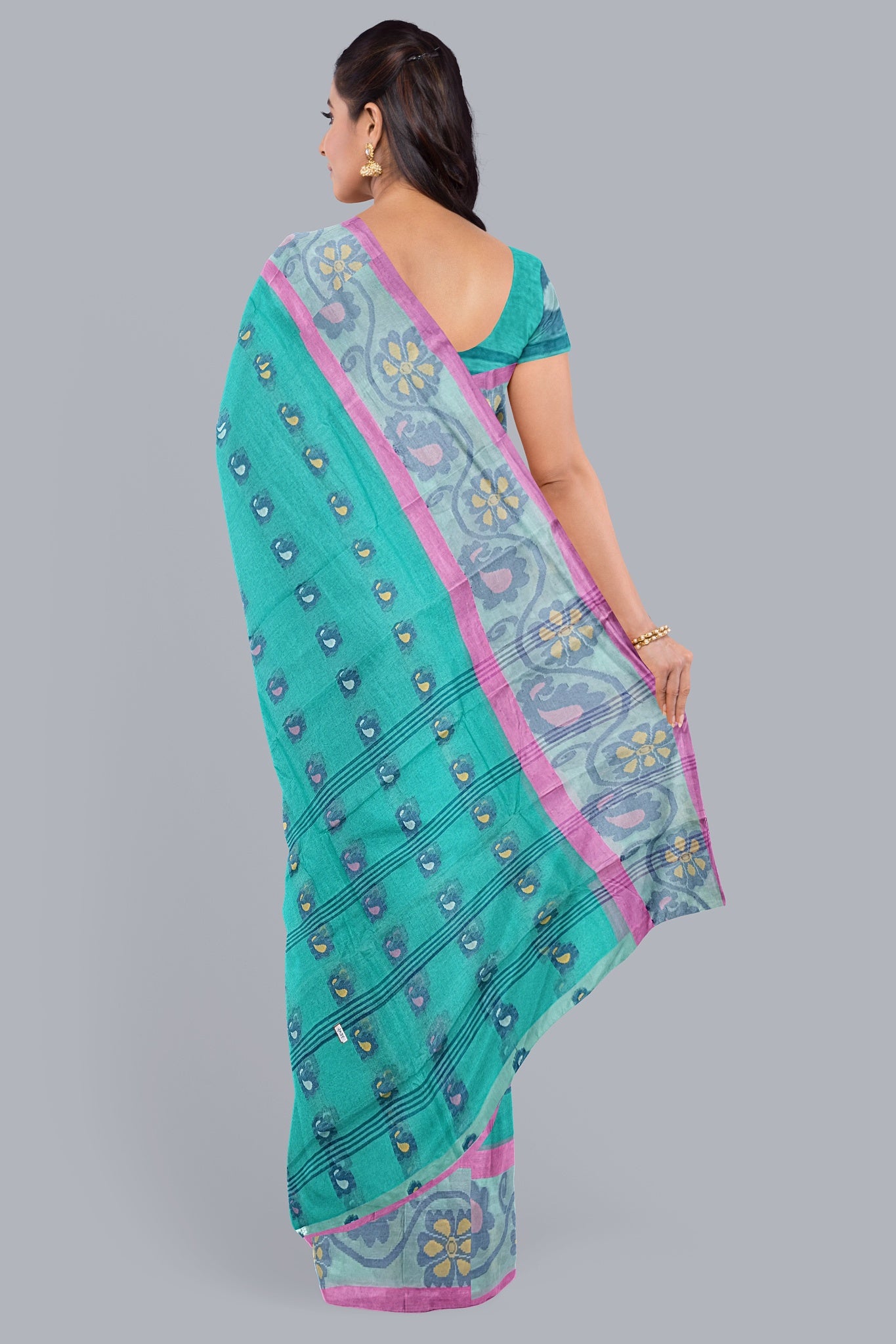 Serene Light Sea Green Tant Saree with Pink and Navy Blue Accents