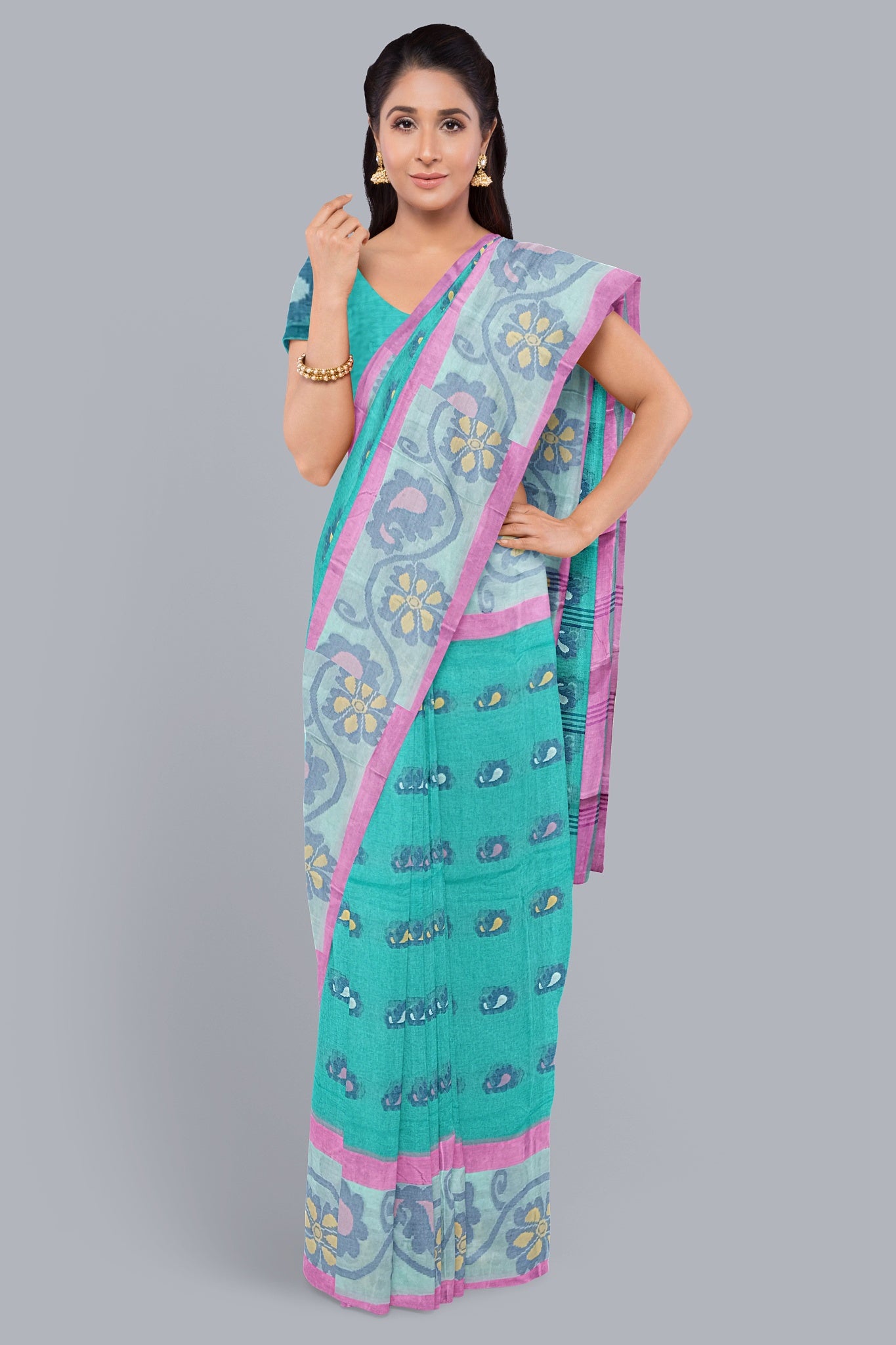 Serene Light Sea Green Tant Saree with Pink and Navy Blue Accents