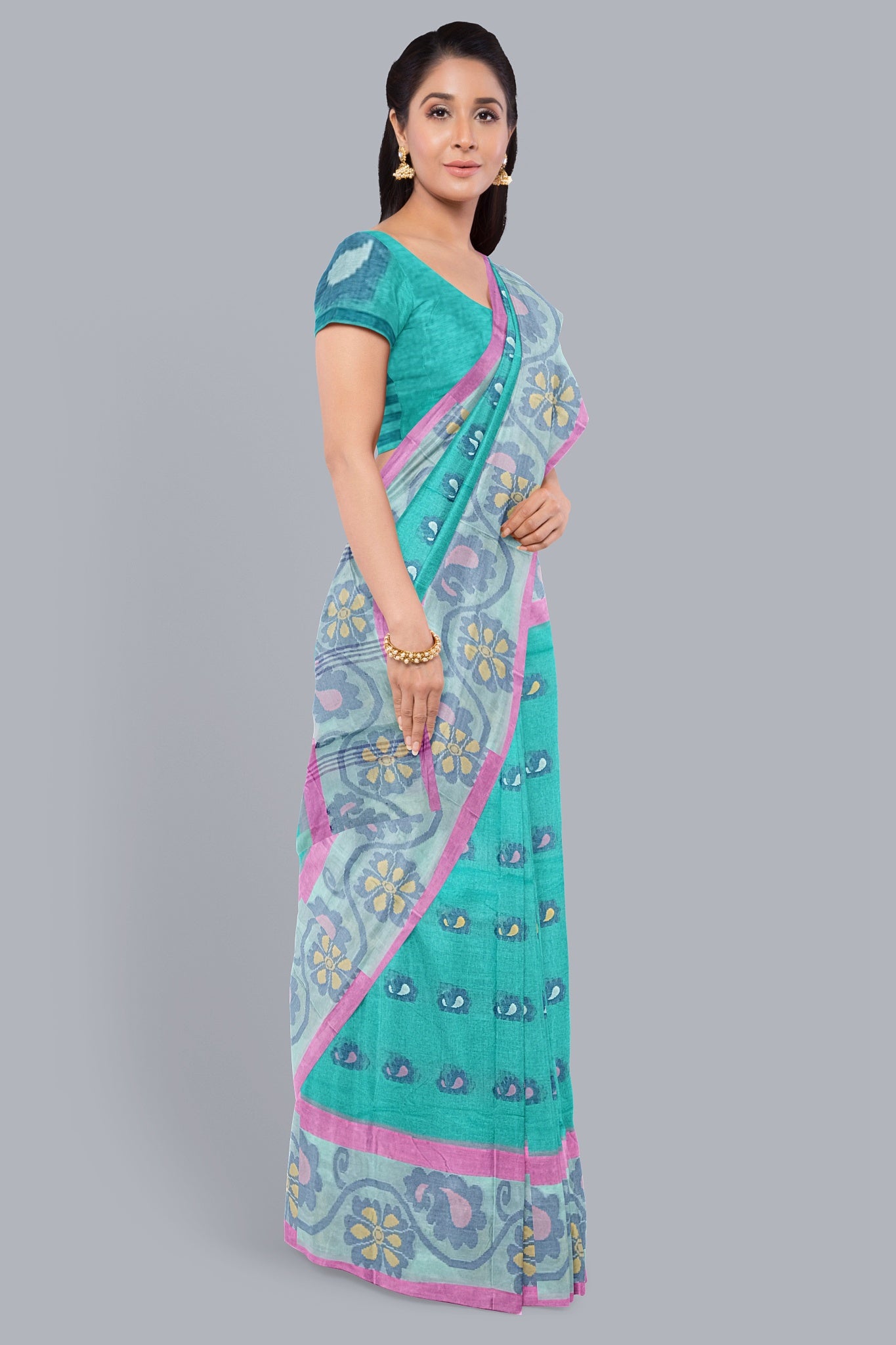 Serene Light Sea Green Tant Saree with Pink and Navy Blue Accents