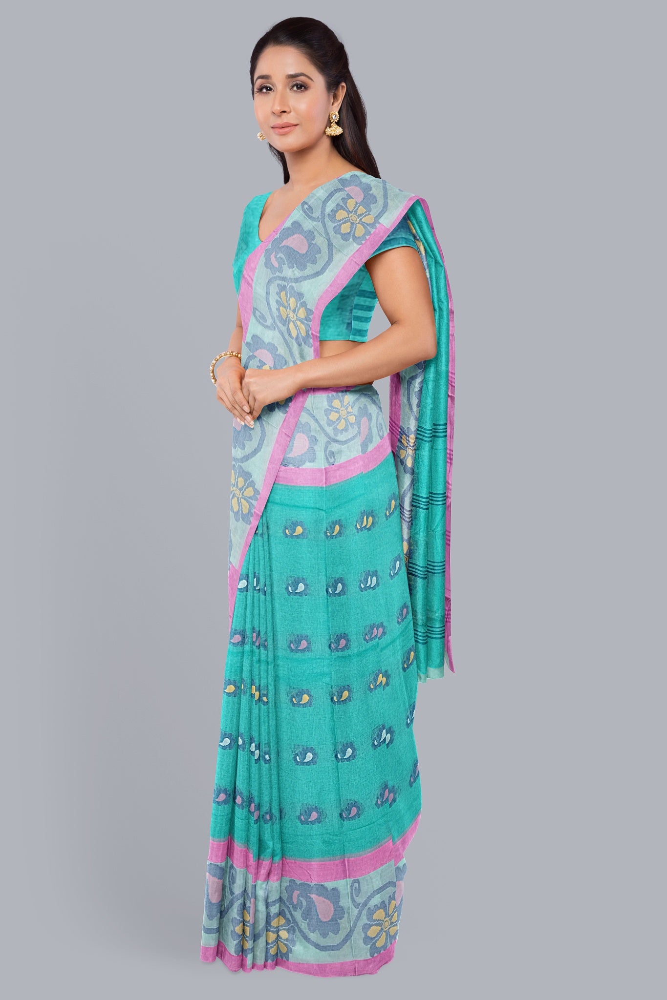 Serene Light Sea Green Tant Saree with Pink and Navy Blue Accents