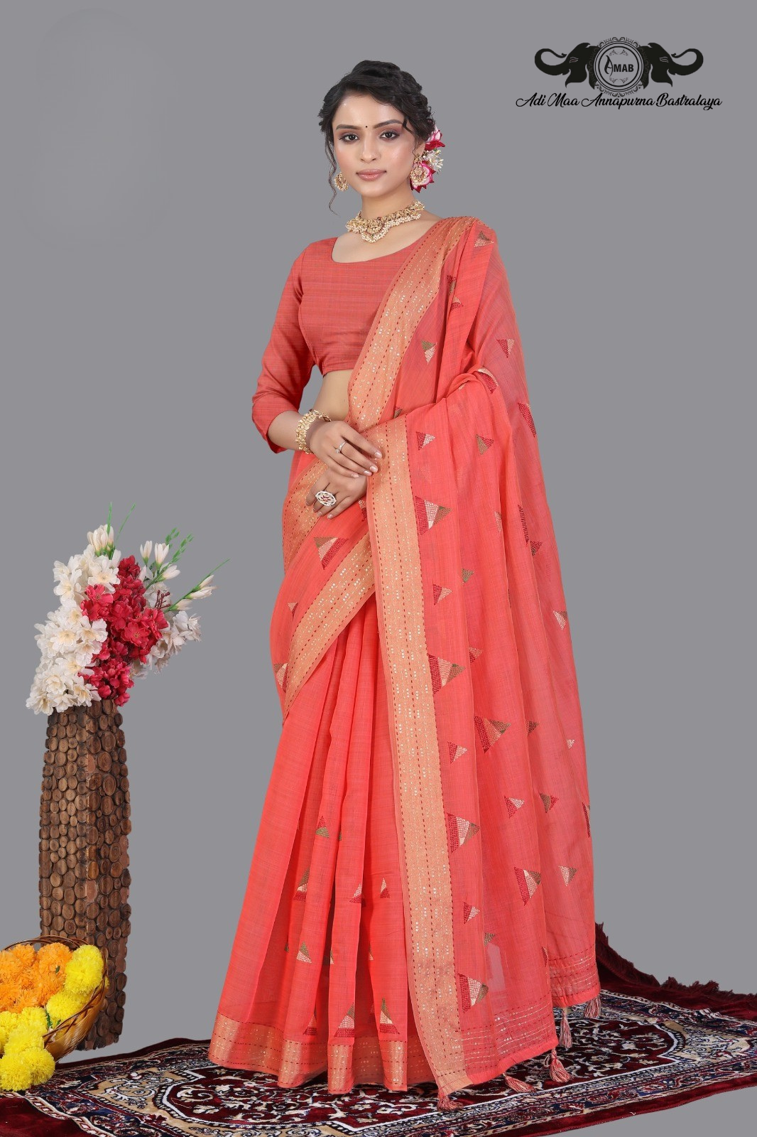 Elegant Handloom Cotton Saree with Geometric Embroidery