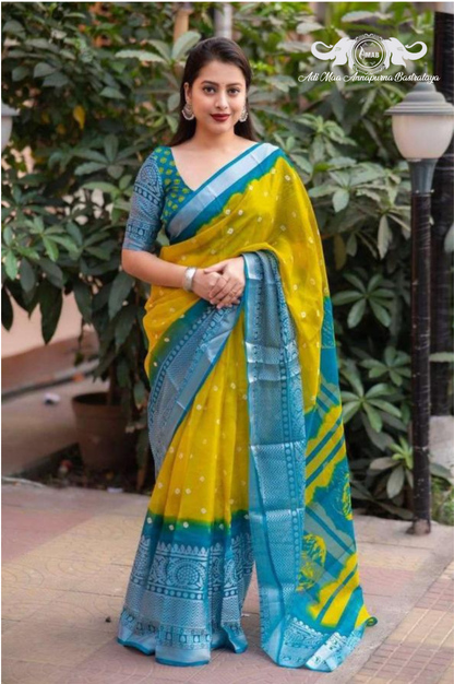 Vibrant Yellow and Blue Bandhani Saree with Heavy Border - Wholesale