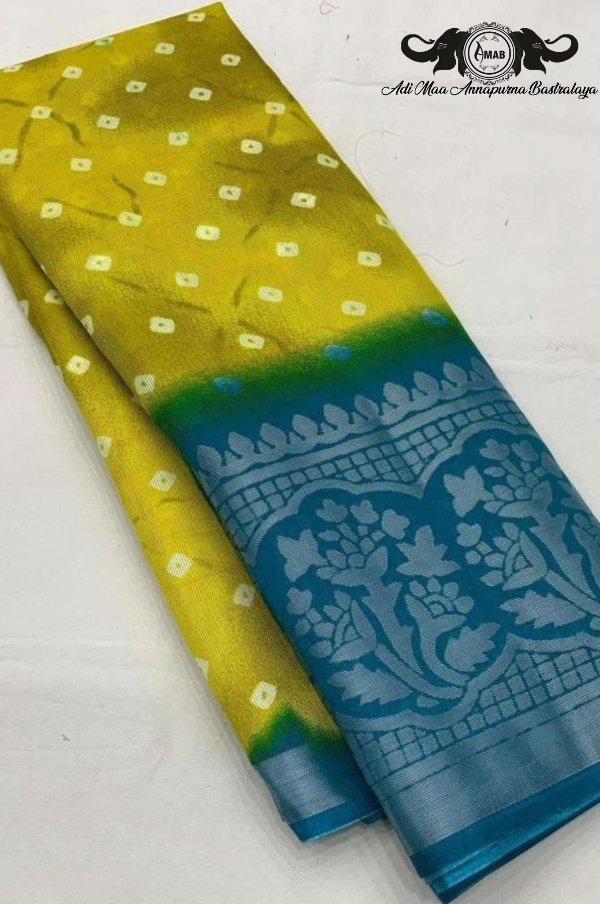 Vibrant Yellow and Blue Bandhani Saree with Heavy Border - Wholesale