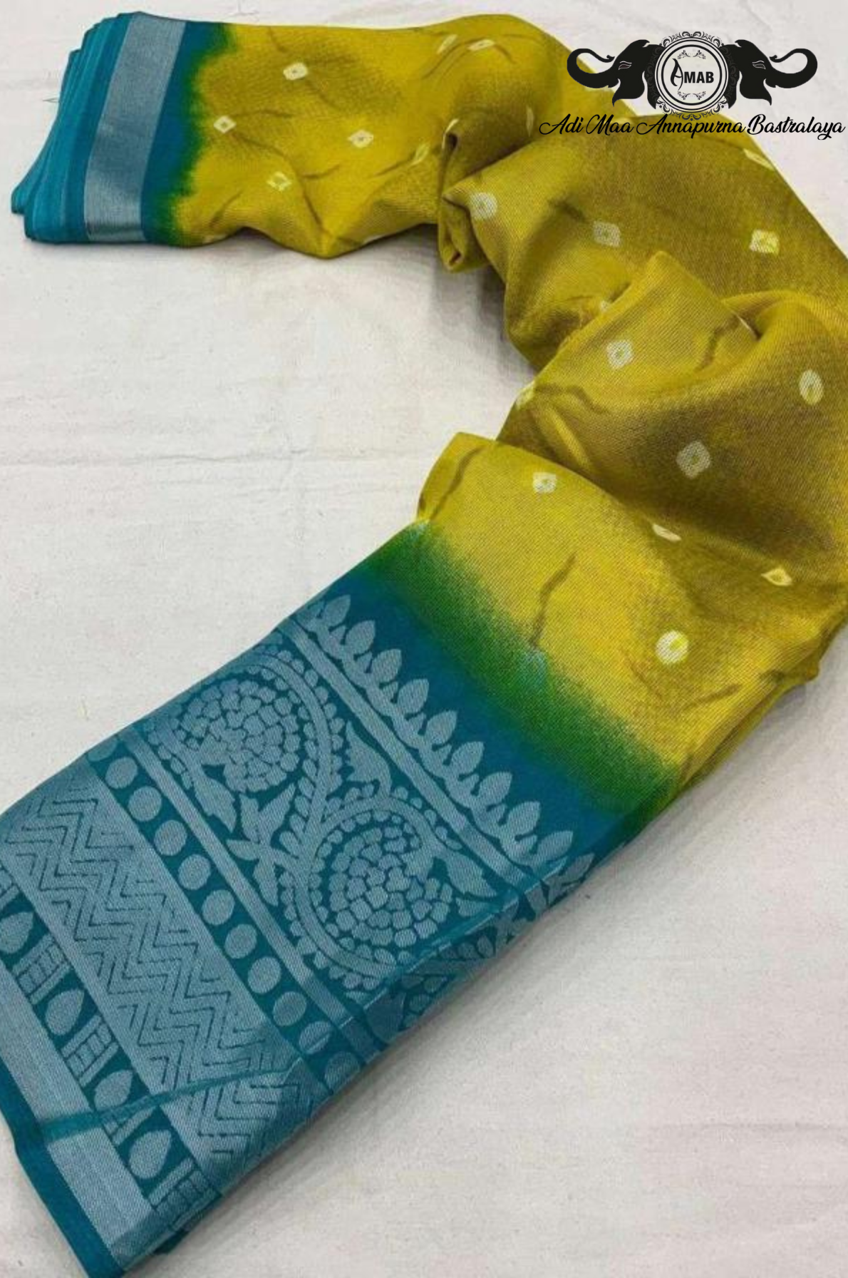 Vibrant Yellow and Blue Bandhani Saree with Heavy Border - Wholesale