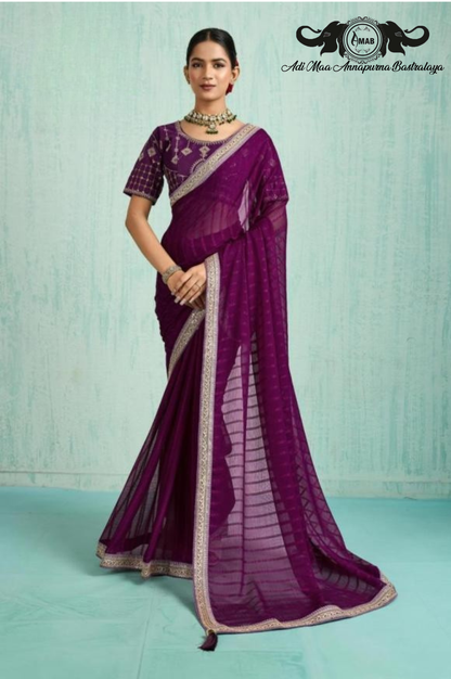 Wholesale Deep Purple Georgette Saree with Woven Border