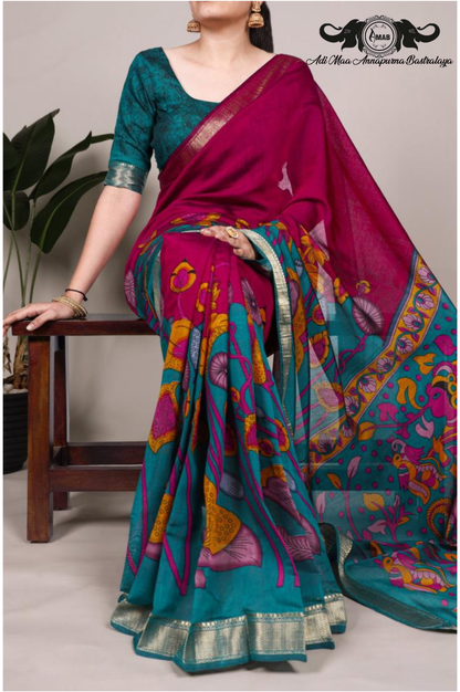 Wholesale Traditional Art Print Saree with Zari Border - Bulk