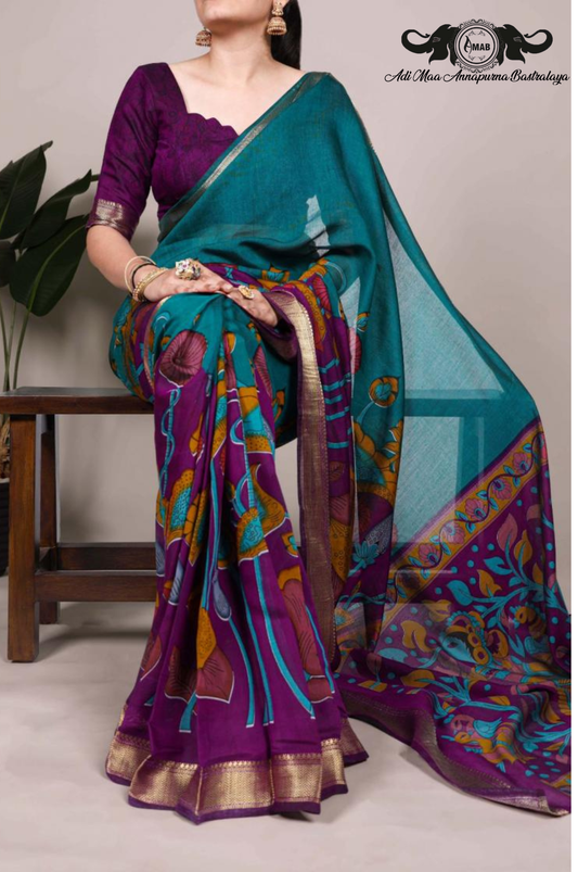 Wholesale Traditional Art Print Saree with Zari Border - Bulk