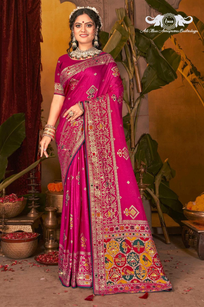 Wholesale Patola Style Silk Saree with Heavy Zari Border