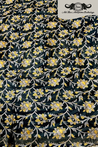 Wholesale Yellow Black Cotton Silk Print Saree with Contrast Pallu