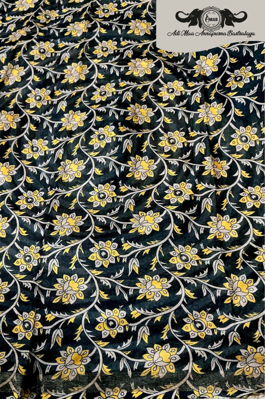 Wholesale Yellow Black Cotton Silk Print Saree with Contrast Pallu