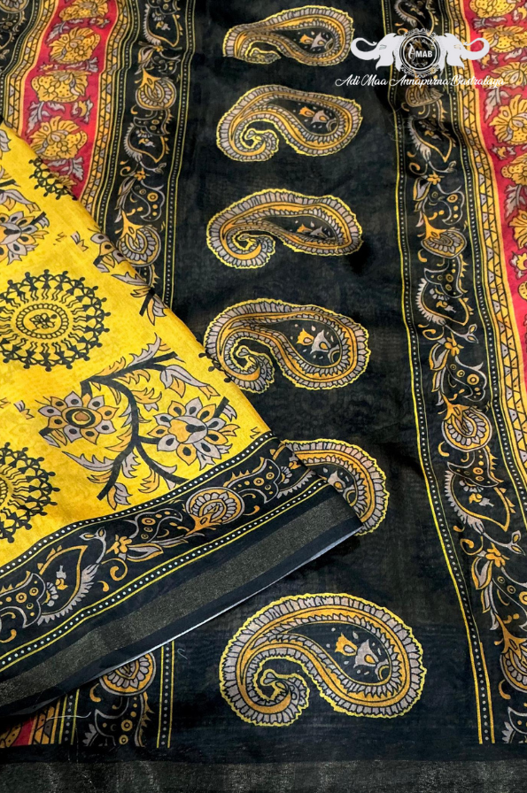 Wholesale Yellow Black Cotton Silk Print Saree with Contrast Pallu