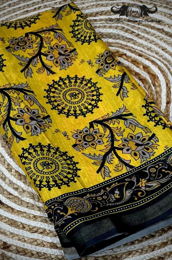 Wholesale Yellow Black Cotton Silk Print Saree with Contrast Pallu