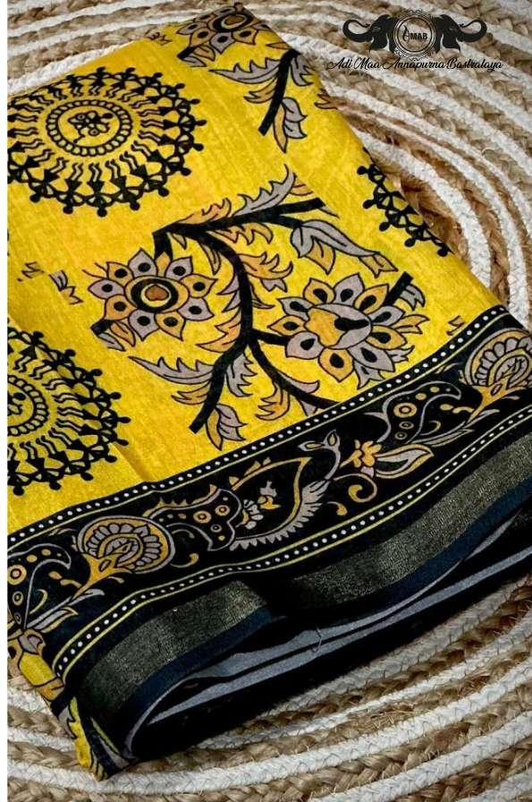 Wholesale Yellow Black Cotton Silk Print Saree with Contrast Pallu