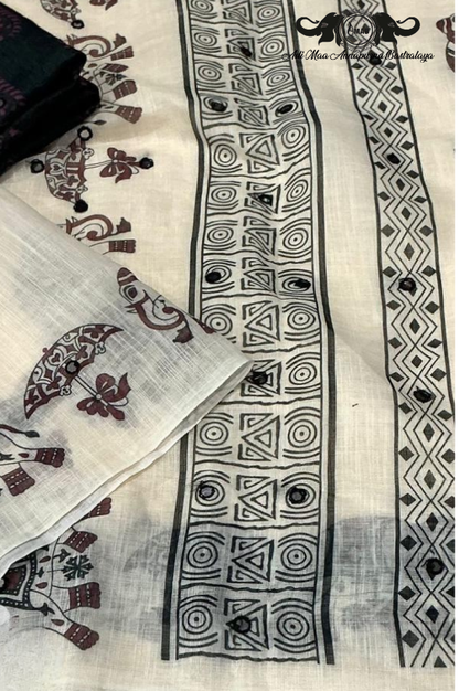 Wholesale Off-White Warli Print Saree with Mirror Work