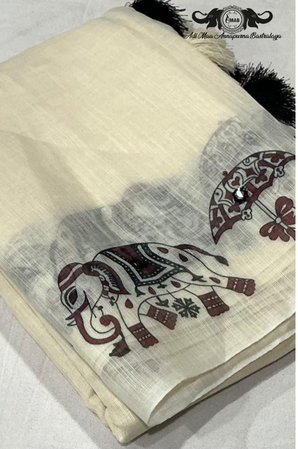 Wholesale Off-White Warli Print Saree with Mirror Work