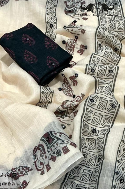 Wholesale Off-White Warli Print Saree with Mirror Work