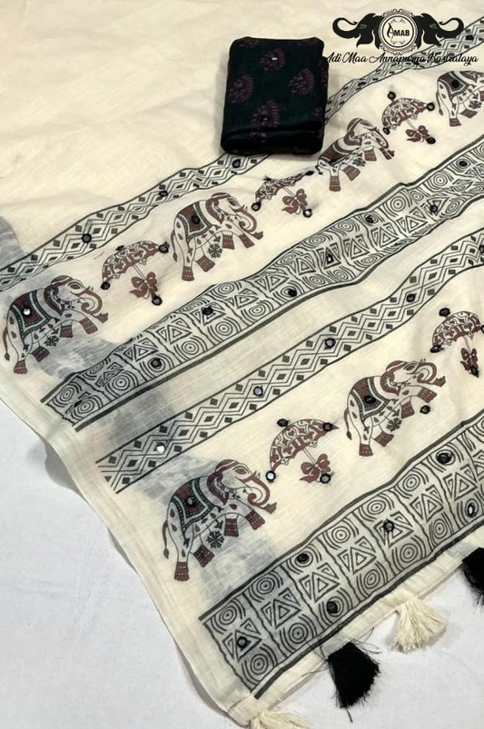 Wholesale Off-White Warli Print Saree with Mirror Work