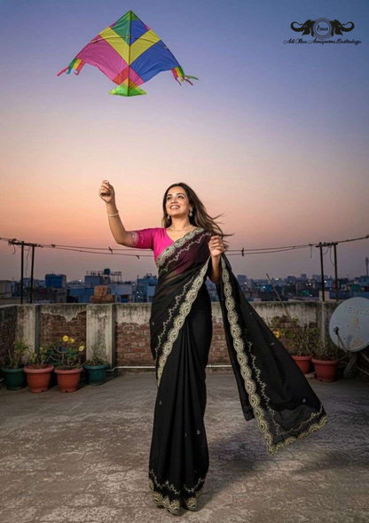 Zoya Crystal Rangoli Silk Saree with Heavy Mirror Work Border