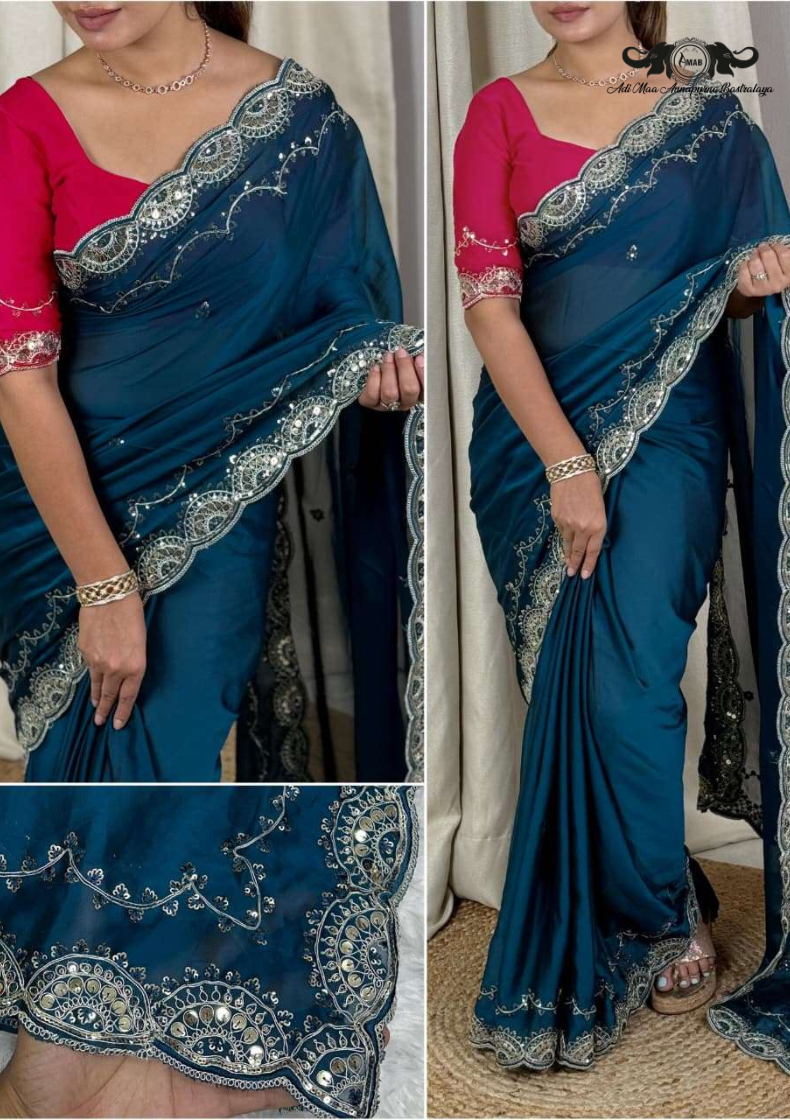 Zoya Crystal Rangoli Silk Saree with Heavy Mirror Work Border