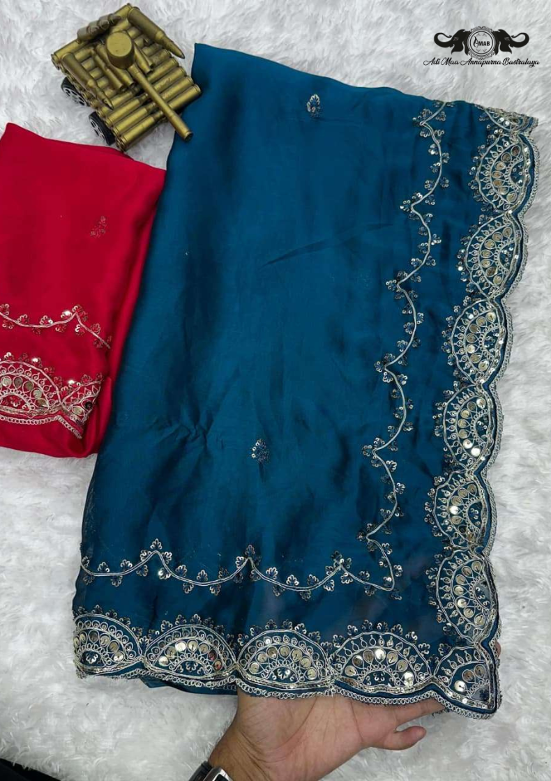 Zoya Crystal Rangoli Silk Saree with Heavy Mirror Work Border