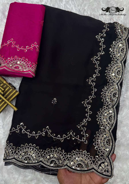 Zoya Crystal Rangoli Silk Saree with Heavy Mirror Work Border