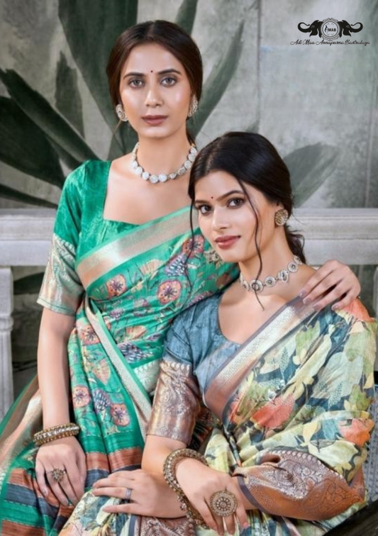 Banarasi Soft Silk Saree with Paisley Butti and Zari Border set of 8