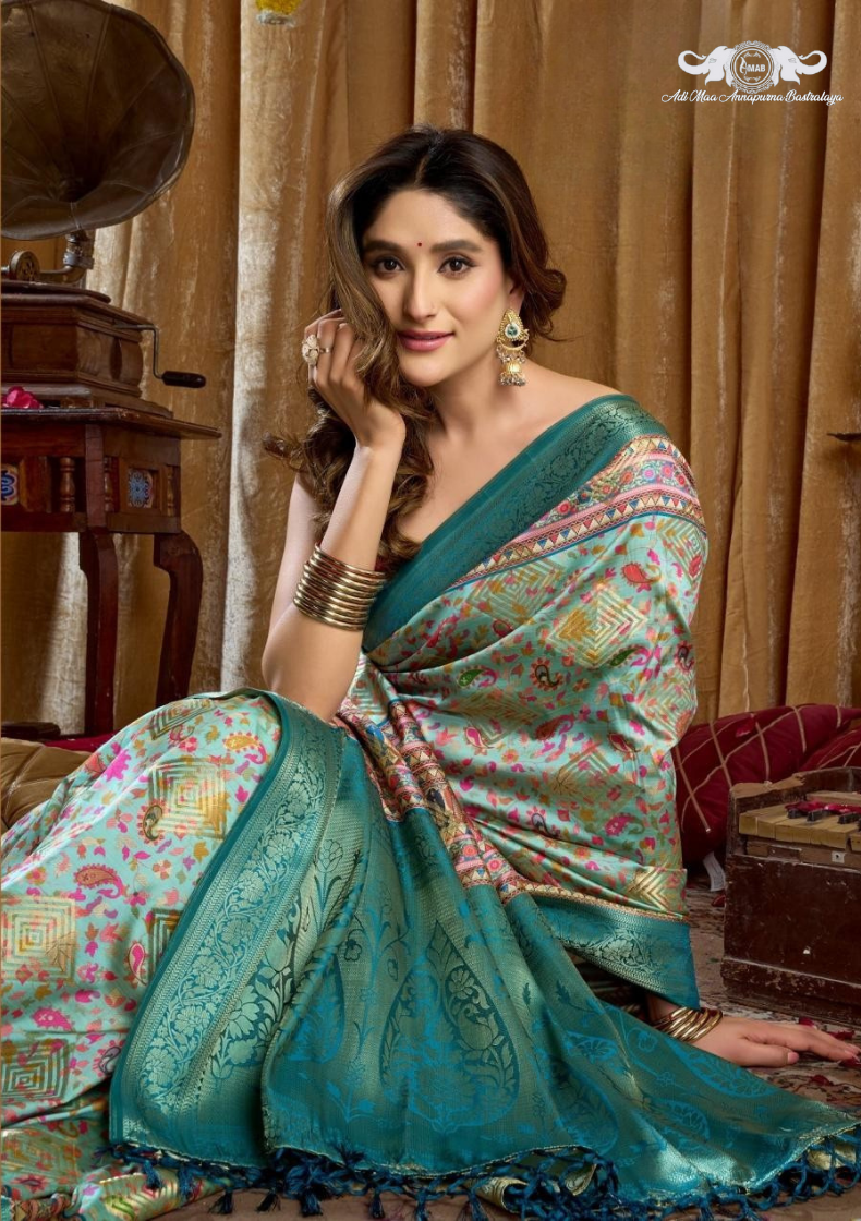 Banarasi Soft Silk Saree with Paisley Butti and Zari Border set of 6