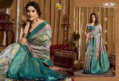 Banarasi Soft Silk Saree with Paisley Butti and Zari Border set of 6