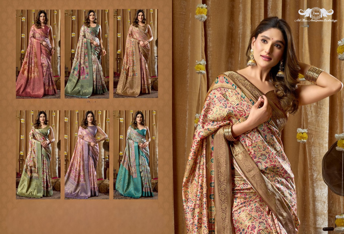 Banarasi Soft Silk Saree with Paisley Butti and Zari Border set of 6