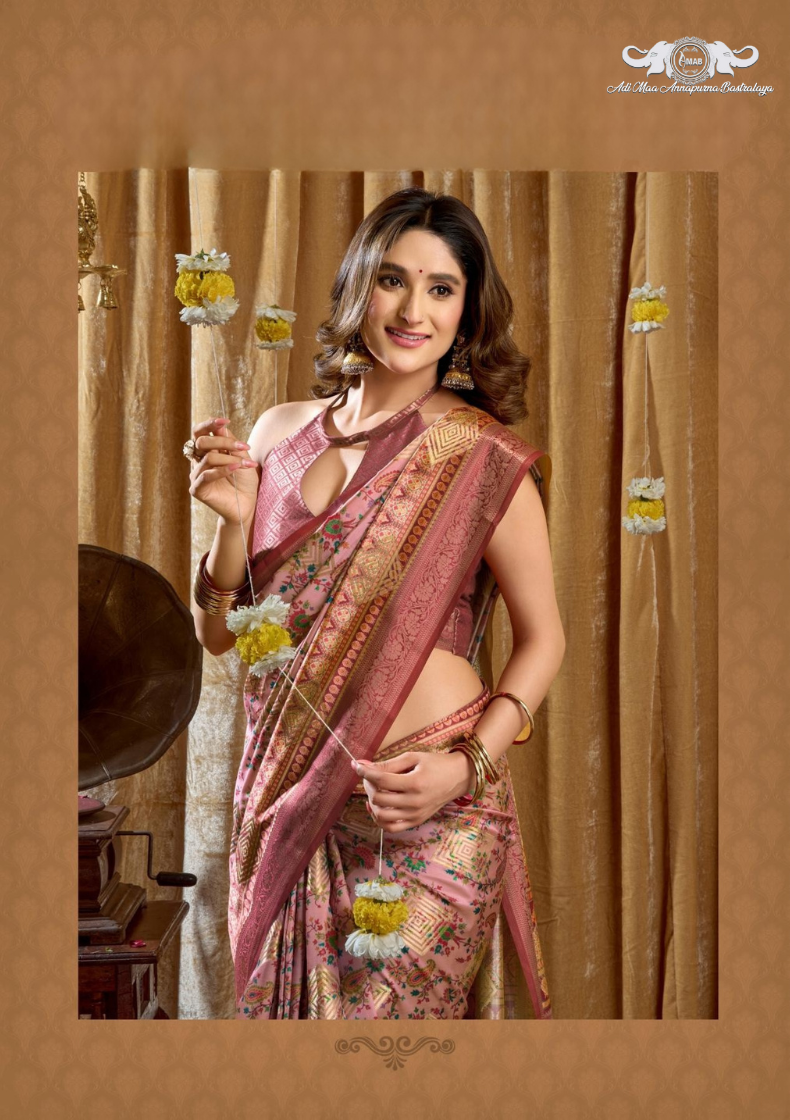 Banarasi Soft Silk Saree with Paisley Butti and Zari Border set of 6