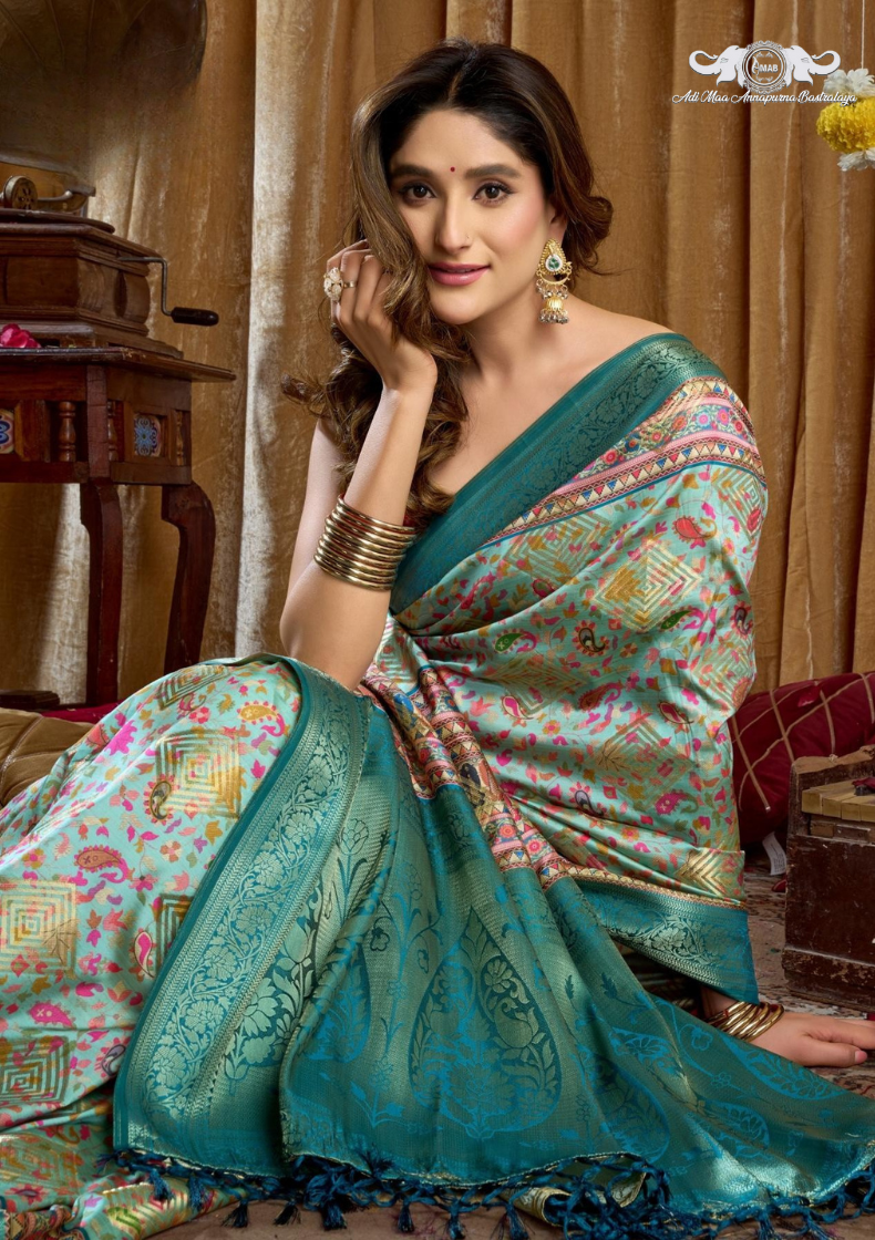 Banarasi Soft Silk Saree with Paisley Butti and Zari Border set of 6