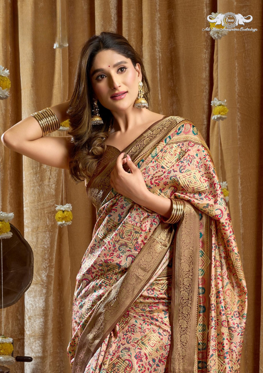 Banarasi Soft Silk Saree with Paisley Butti and Zari Border set of 6