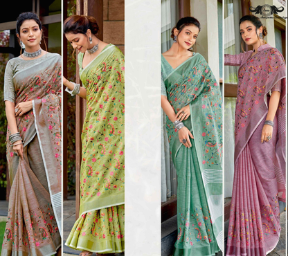 Banarasi Soft Silk Saree with Traditional Paisley Butti Weaving set of 4