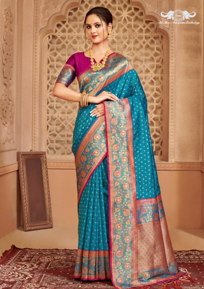 Handloom Banarasi Soft Silk Saree with Paisley Butti Weaving set of 6