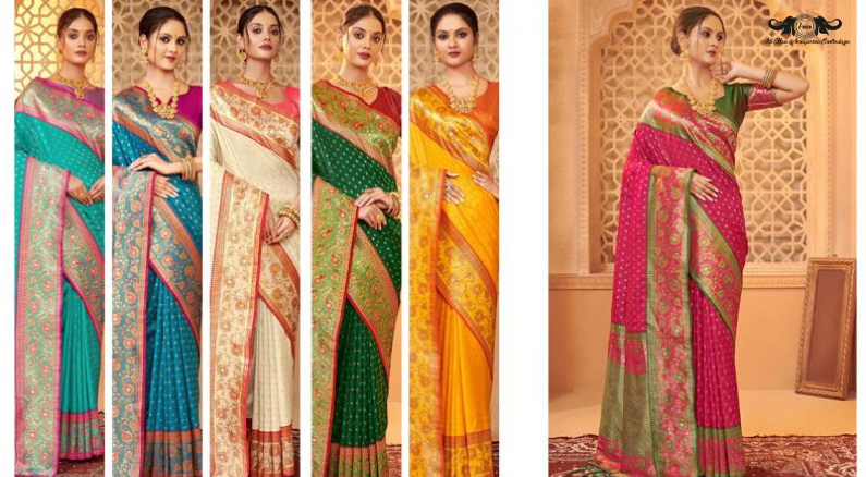 Handloom Banarasi Soft Silk Saree with Paisley Butti Weaving set of 6