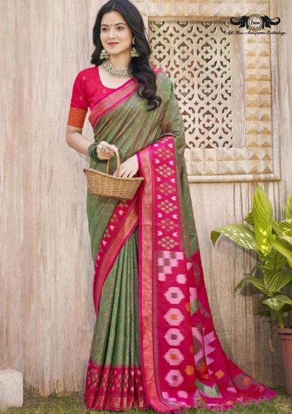 Nature Print Lightweight Linen Blend Saree with Zari Border set of 8