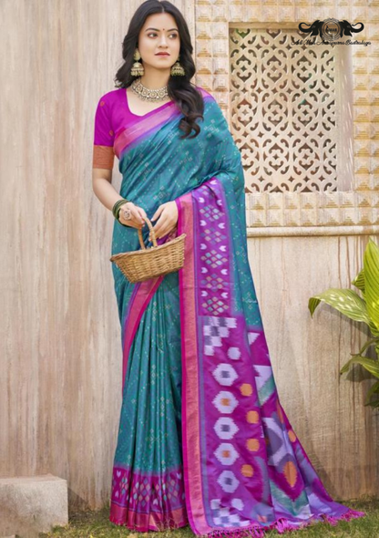 Nature Print Lightweight Linen Blend Saree with Zari Border set of 8