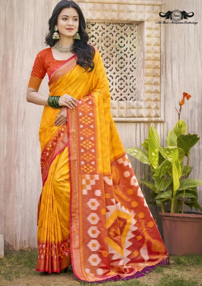 Nature Print Lightweight Linen Blend Saree with Zari Border set of 8