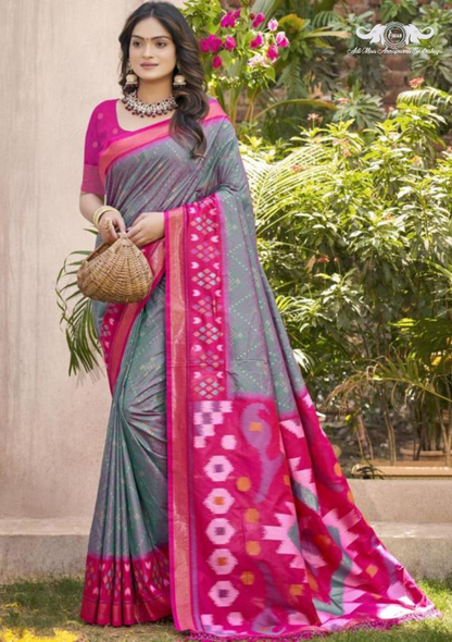 Nature Print Lightweight Linen Blend Saree with Zari Border set of 8