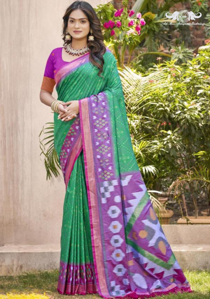 Nature Print Lightweight Linen Blend Saree with Zari Border set of 8