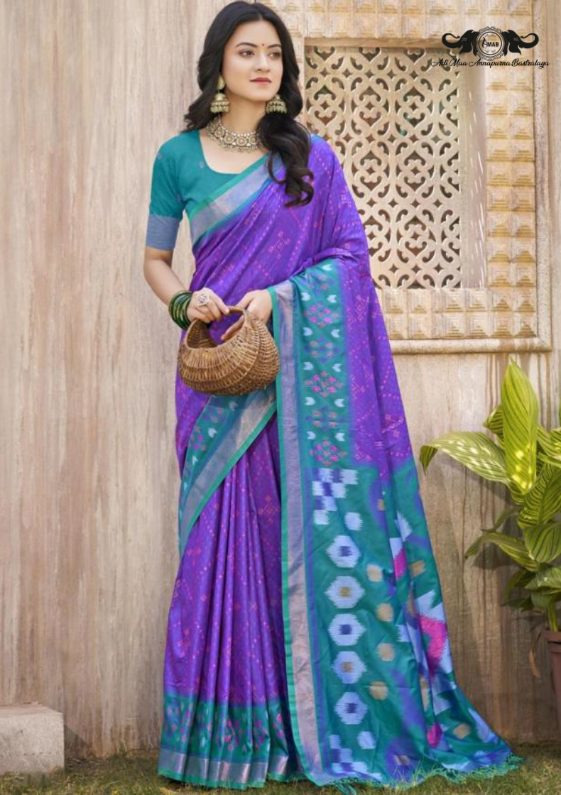 Nature Print Lightweight Linen Blend Saree with Zari Border set of 8